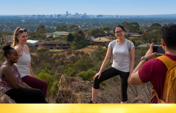 A group of international students enjoying a hike in the natural environment near to Adelaide